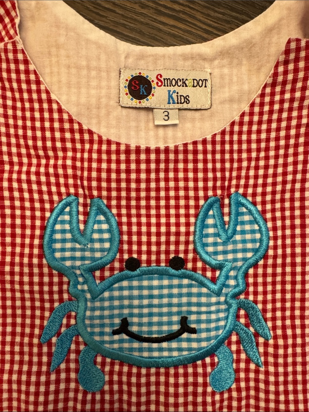 Smock Dot Kids Red Gingham Top with Blue Crab Appliqué - Picture 6 of 7